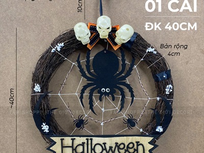 Vòng treo cửa Halloween nhện đen đẻ trứng [ĐK40cm - thủ công] VTC-HLW-03