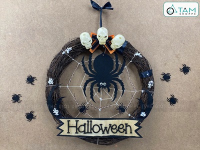Vòng treo cửa Halloween nhện đen đẻ trứng [ĐK40cm - thủ công] VTC-HLW-03
