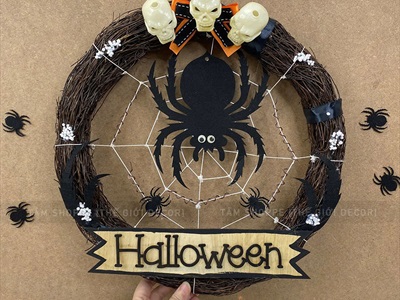 Vòng treo cửa Halloween nhện đen đẻ trứng [ĐK40cm - thủ công] VTC-HLW-03