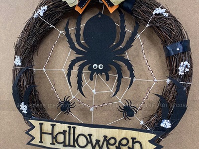 Vòng treo cửa Halloween nhện đen đẻ trứng [ĐK40cm - thủ công] VTC-HLW-03