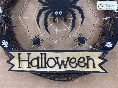 Vòng treo cửa Halloween nhện đen đẻ trứng [ĐK40cm - thủ công] VTC-HLW-03