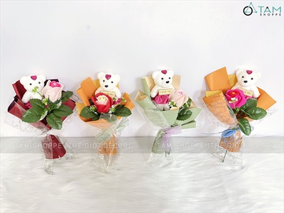 Bó 1 bông hồng sáp có gấu kiểu hoa cưới [Tặng Sticker - Gói đẹp] HOASAP-04