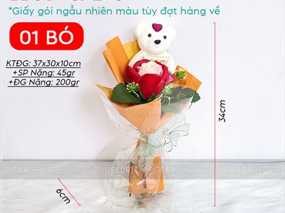 Bó 1 bông hồng sáp có gấu kiểu hoa cưới [Tặng Sticker - Gói đẹp] HOASAP-04