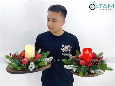 Đế nến Giáng sinh lát cây lá PE châu thông [ĐK30-35cm / Thủ công] DENEN-06