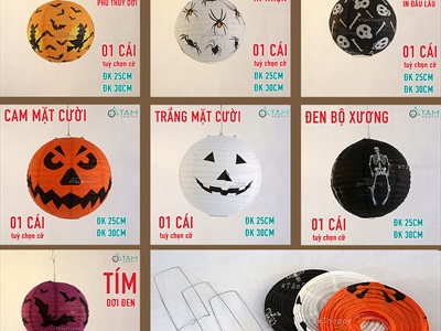 Lồng đèn Halloween giấy tròn in hoạ tiết [Nhiều kiểu - Xếp gọn] LD-GIAY-19