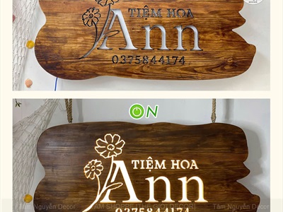 Bảng hiệu gỗ đèn Led bo viền uốn lượn [Rustic - Theo yêu cầu] YC-BANGHIEU-14
