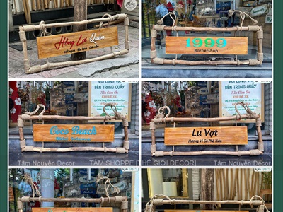 Bảng hiệu gỗ khung củi quấn dây thừng [Mộc mạc - Theo yêu cầu] YC-BANGHIEU-02