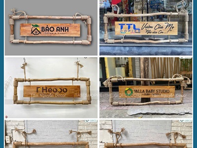 Bảng hiệu gỗ khung củi quấn dây thừng [Mộc mạc - Theo yêu cầu] YC-BANGHIEU-02
