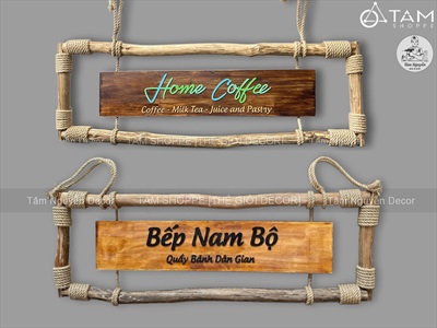 Bảng hiệu gỗ khung củi quấn dây thừng [Mộc mạc - Theo yêu cầu] YC-BANGHIEU-02