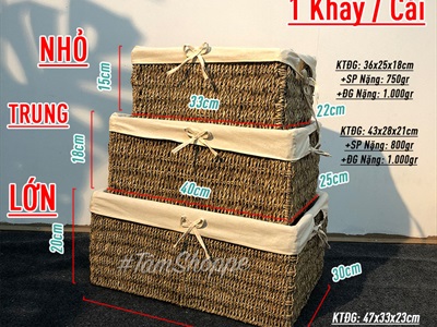 Khay cói chữ nhật đan dày có vải lót 3 size KHAY-COI-01