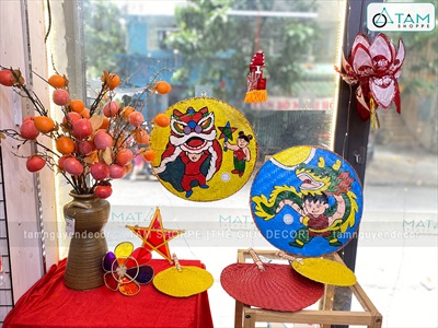 Mẹt tre vẽ dân gian múa lân rước đèn 35/40cm [Nét vẽ chuẩn - Nhiều kiểu] METTRE-02