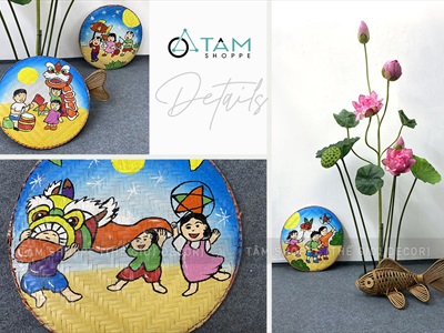 Mẹt tre vẽ dân gian múa lân rước đèn 35/40cm [Nét vẽ chuẩn - Nhiều kiểu] METTRE-02