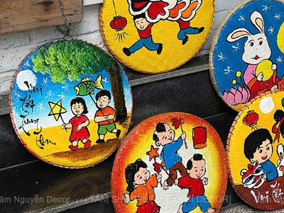 Mẹt tre vẽ dân gian múa lân rước đèn 35/40cm [Nét vẽ chuẩn - Nhiều kiểu] METTRE-02