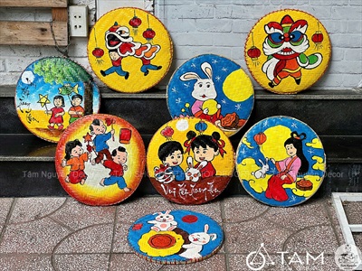 Mẹt tre vẽ dân gian múa lân rước đèn 35/40cm [Nét vẽ chuẩn - Nhiều kiểu] METTRE-02