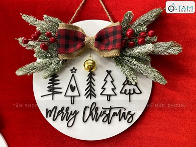 Bảng treo cửa giáng sinh Nơ Đỏ Chữ Đen Simple [Bằng gỗ - Nhiều kiểu] ĐK 30cm X-BTRC-41