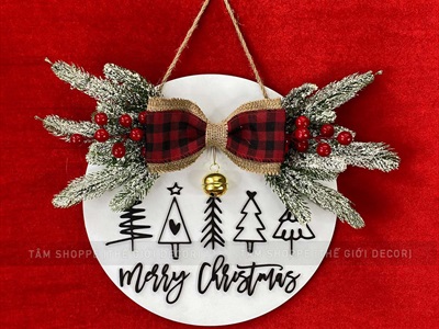 Bảng treo cửa giáng sinh Nơ Đỏ Chữ Đen Simple [Bằng gỗ - Nhiều kiểu] ĐK 30cm X-BTRC-41