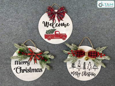 Bảng treo cửa giáng sinh Nơ Đỏ Chữ Đen Simple [Bằng gỗ - Nhiều kiểu] ĐK 30cm X-BTRC-41