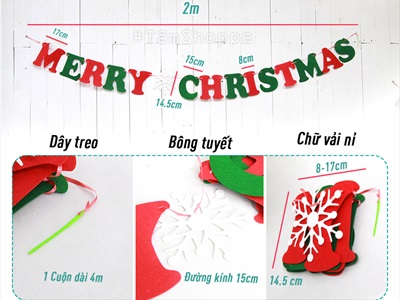 Dây banner chữ Merry Christmas vải nỉ Đỏ - Xanh lá 2m BANER-NOEL-01