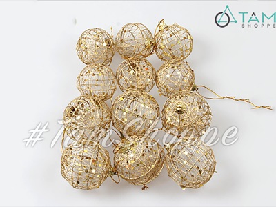 Hộp 06 trái châu Noel lưới kẽm vàng gold [2 cỡ - lấp lánh] TRAICHAU-29