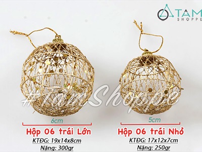 Hộp 06 trái châu Noel lưới kẽm vàng gold [2 cỡ - lấp lánh] TRAICHAU-29