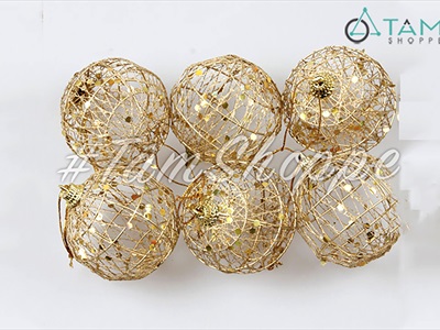 Hộp 06 trái châu Noel lưới kẽm vàng gold [2 cỡ - lấp lánh] TRAICHAU-29