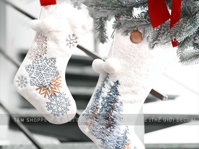 Vớ tất Noel vải lông trắng thêu họa tiết Bắc Âu D50cm VOTAT-X-05