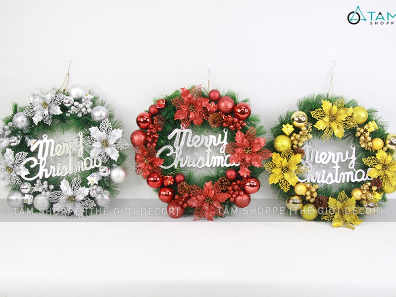 Vòng nguyệt quế Noel 4 hoa trạng nguyên kim tuyến ĐK45cm VNGQ-X-34