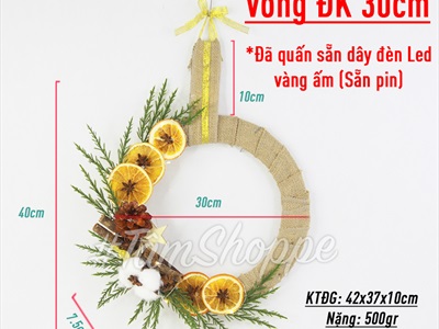 Vòng nguyệt quế Noel lát cam vải bố nửa vòng lá tùng thơm ĐK30cm (có đèn Led) VNGQ-X-33
