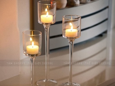 Bộ 3 chân nến ly thuỷ tinh trụ cao [Dày đẹp - Không gồm nến] CHANNEN-03