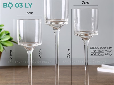Bộ 3 chân nến ly thuỷ tinh trụ cao [Dày đẹp - Không gồm nến] CHANNEN-03