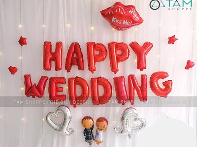 Bong bóng kiếng chữ HAPPY WEDDING cao 33cm BBK-HPWD-01