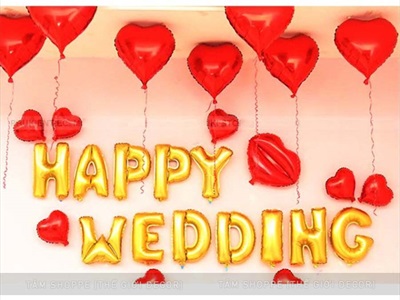 Bong bóng kiếng chữ HAPPY WEDDING cao 33cm BBK-HPWD-01