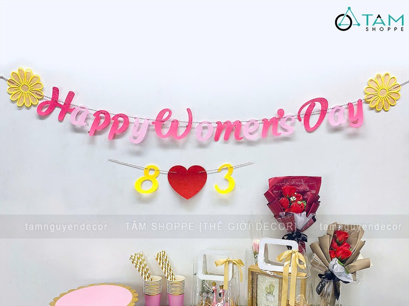 Dây banner chữ Happy Women's day 8 tháng 3 [Vải nỉ - Kèm dây] BANER-KHAC-01