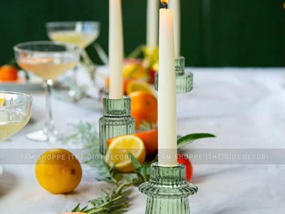 Đế nến thuỷ tinh xanh lá sọc đứng 2 họng nến [3 kiểu - Không gồm nến] DENEN-05