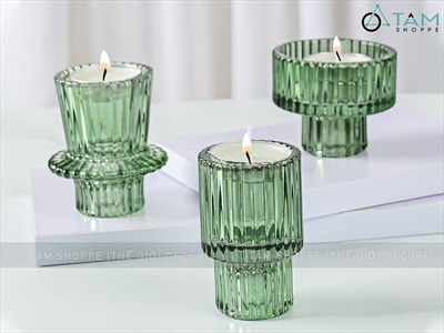Đế nến thuỷ tinh xanh lá sọc đứng 2 họng nến [3 kiểu - Không gồm nến] DENEN-05