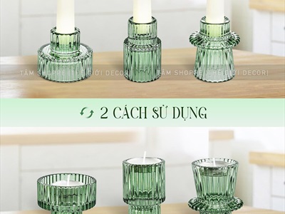 Đế nến thuỷ tinh xanh lá sọc đứng 2 họng nến [3 kiểu - Không gồm nến] DENEN-05
