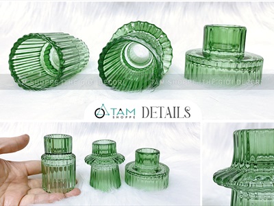 Đế nến thuỷ tinh xanh lá sọc đứng 2 họng nến [3 kiểu - Không gồm nến] DENEN-05