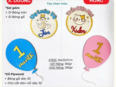 Phụ kiện chụp ảnh đầy tháng 1 month bảng tên cho bé  [Bằng gỗ - Có lẻ từng món] PKCA-01