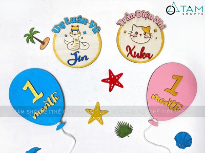 Phụ kiện chụp ảnh đầy tháng 1 month bảng tên cho bé  [Bằng gỗ - Có lẻ từng món] PKCA-01