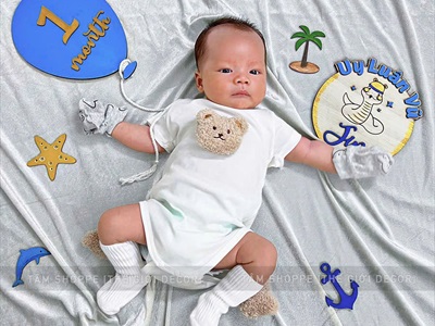 Phụ kiện chụp ảnh đầy tháng 1 month bảng tên cho bé  [Bằng gỗ - Có lẻ từng món] PKCA-01