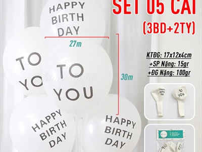 Set 05 bóng cao su trắng in chữ Happy birthday - to you đen ĐK25cm BBCS-HPBD-01