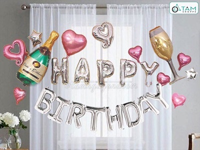 Set trang trí sinh nhật rượu vang tim hồng bạc SSN-BDTS-013