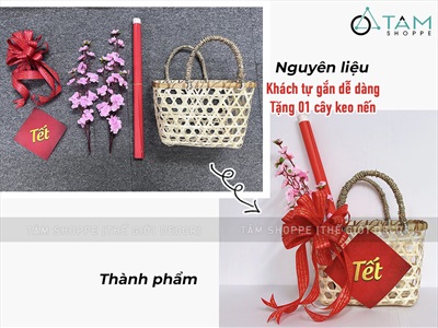 Set giỏ quà Tết giỏ tre nơ tú cầu [Tự gắn - Không gồm quà] GIOQUATET-01