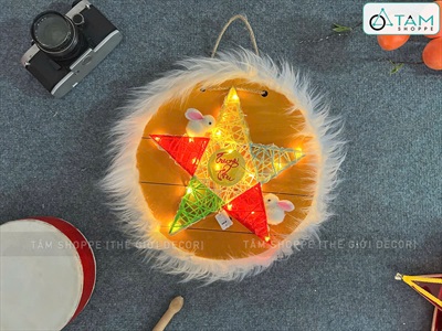 Lồng đèn gỗ tròn viền lông thú đèn led [ĐK30cm - chớp nháy/ đứng yên] LDEN-001