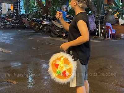 Lồng đèn gỗ tròn viền lông thú đèn led [ĐK30cm - chớp nháy/ đứng yên] LDEN-001