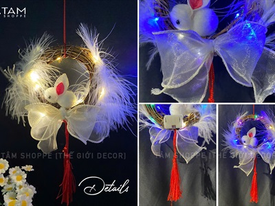 Lồng đèn thỏ lông vũ vòng dây rừng handmade [Sẵn đèn - Xinh yêu] LDEN-HM-01