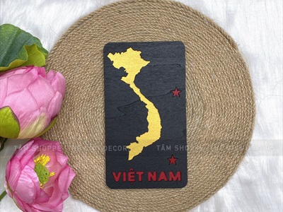 Tranh gỗ bản đồ Việt Nam thẻ chữ nhật 2 lớp [20x10cm - tặng icon] TRANHGO-08
