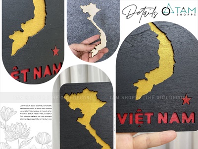 Tranh gỗ bản đồ Việt Nam thẻ chữ nhật 2 lớp [20x10cm - tặng icon] TRANHGO-08