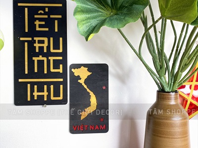 Tranh gỗ bản đồ Việt Nam thẻ chữ nhật 2 lớp [20x10cm - tặng icon] TRANHGO-08