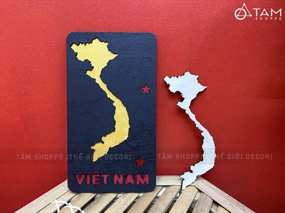 Tranh gỗ bản đồ Việt Nam thẻ chữ nhật 2 lớp [20x10cm - tặng icon] TRANHGO-08